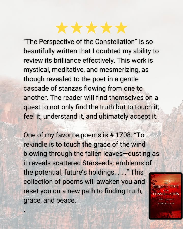 WendyESlater's tweet image. #BOOKREVIEW:

“The Perspective of the Constellation” is so beautifully written that I doubted my ability to review its brilliance effectively. This work is mystical, meditative, and mesmerizing, as though revealed to the poet in a gentle cascade of stanzas flowing from one to