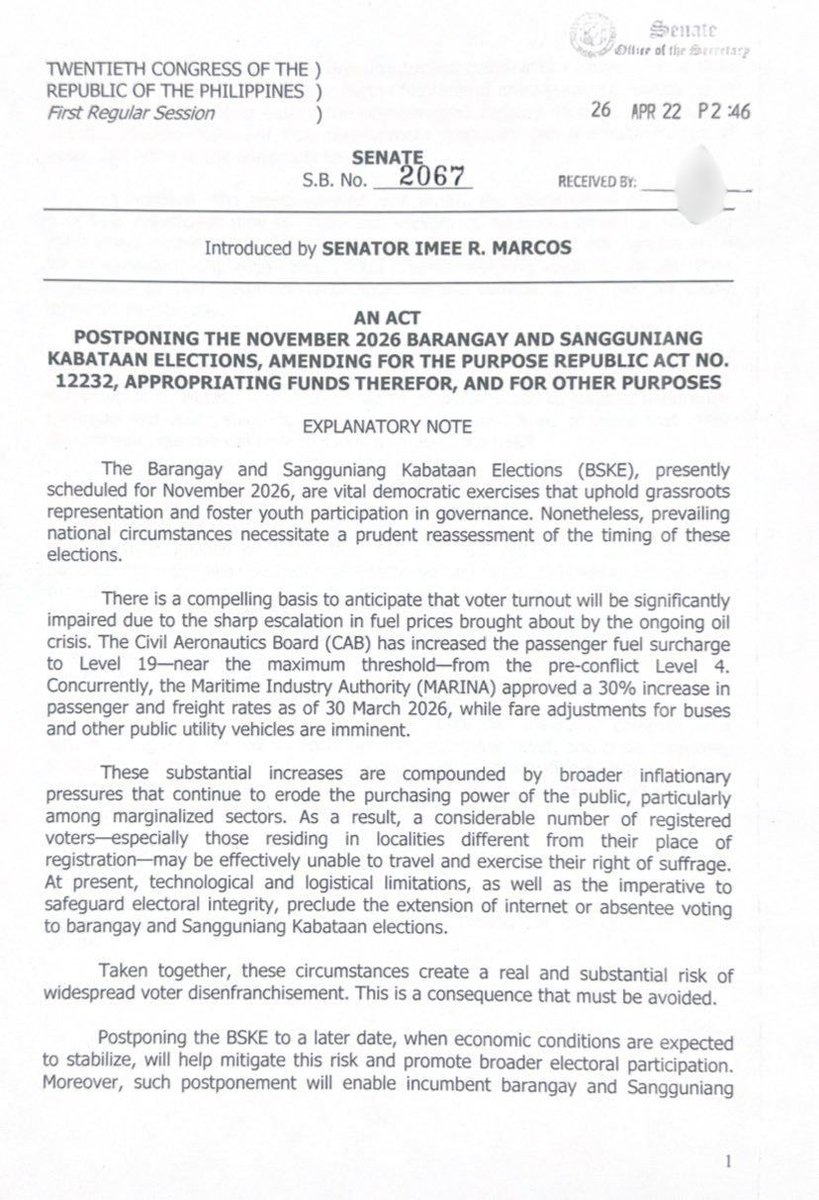 BASAHIN: Isinusulong ni Sen. Imee Marcos na iurong sa October 2027 ang Barangay at Sangguniang Kabataan elections. #BalitangA2Z