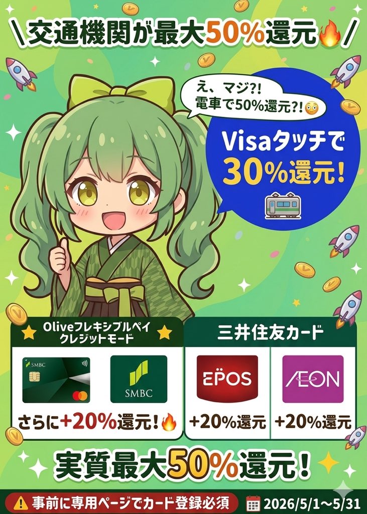 まめポンもびっくり😳 電車に乗るだけで最大50%還元ってホント!?🔥

Visaタッチ決済で交通機関を利用すると、最大50%還元される神キャンペーンが始まるよ！✨

30%還元に、各社カードが20%上乗せ！
特に三井住友カードのOliveが熱い！🔥

どうやってOliveでお得になる？事前登録の方法は？🤔