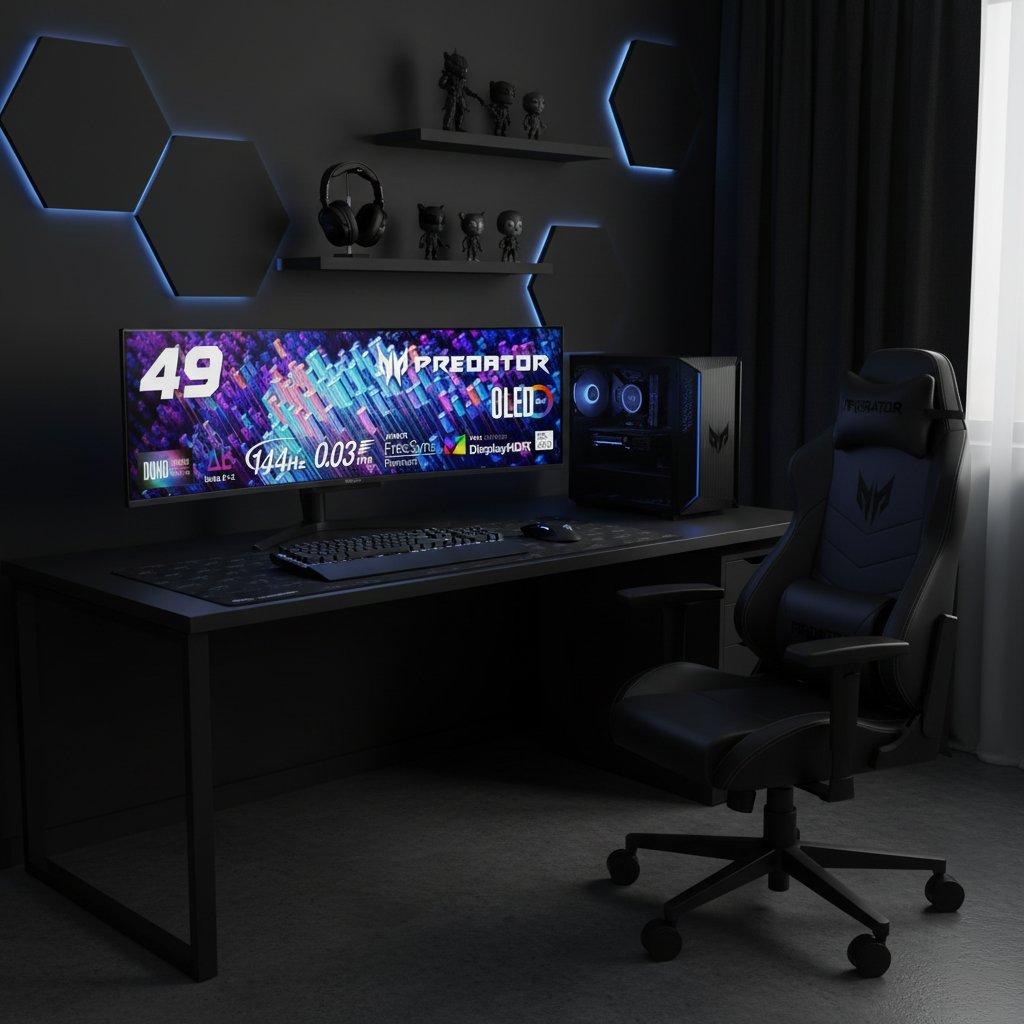 PredatorJPN's tweet image. 在庫僅か。

WQHD 2枚分のDQHD（5120x1440) 
32:9 ゲーミングモニター PREDATOR X49V。

DCI-P3 99% Delta E&amp;lt;2と、
色域と色精度にも優れたモニターです。

￥129,900 税込