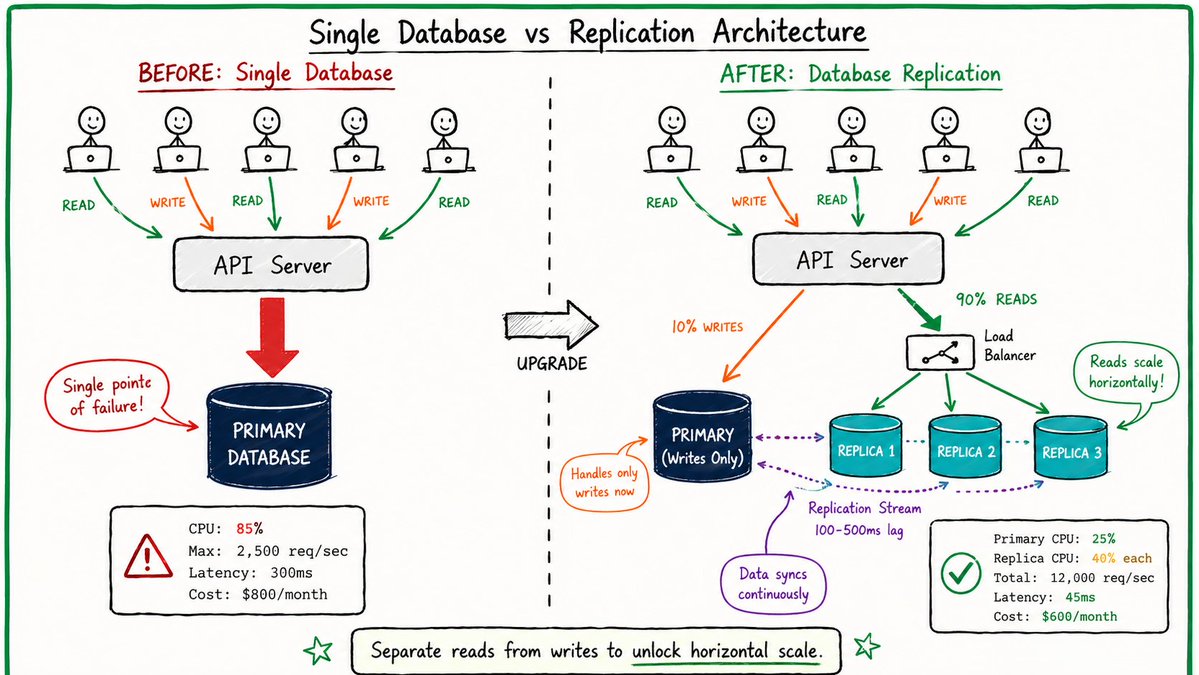 devXritesh's tweet photo. System Design Series - Day 10/30

Your database will become the bottleneck.

Not your API.  
Not your cache.  
Your database.

At 1K users everything works fine.  
At 10K users queries slow down and CPU hits 80%.  
At 50K users the database crashes, your app goes down, and users leave.

The solution is Database Replication.

How it works:

- 1 Primary (Master) handles all writes  
- Multiple Replicas (Read Slaves) handle all reads

Most applications are 90% reads and 10% writes.

Real Production Impact (E-commerce App):

Before (Single DB):  
- Max capacity: 2,500 req/sec  
- Read latency: 300ms  
- CPU: 85%  
- Cost: $800/month

After (1 Primary + 3 Replicas):  
- Total capacity: 12,000 req/sec  
- Read latency: 45ms (6.6x faster)  
- Primary CPU: 25%  
- Cost: $600/month

The magic is that reads scale horizontally. 
Just add more replicas.

Trade-offs:  
- 5-10x better read performance  
- High availability (promote replica if primary fails)  
- Replication lag (100-500ms)  
- Slightly more complex application code

Bottom line: 
If your database CPU is consistently above 50%, 
it is time to think about replication.

What is your current database CPU usage? 

Drop it below 👇