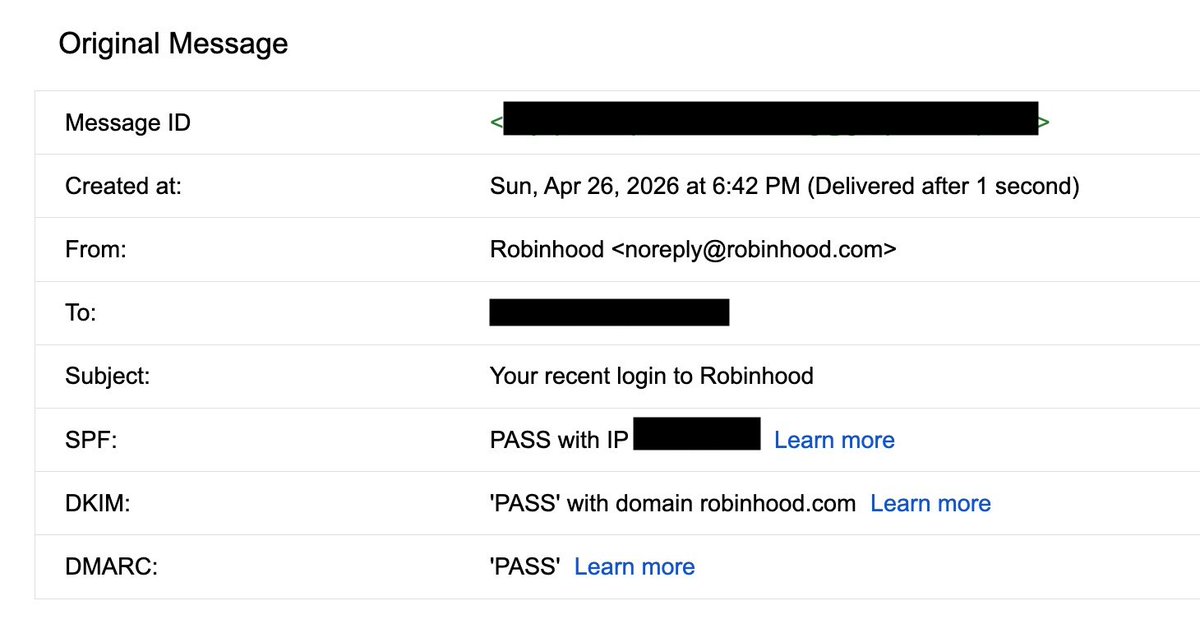 rockkdev's tweet image. New Robinhood phishing chain that's kinda beautiful:

1. Attacker creates an RH account using the Gmail dot trick of your email (same inbox, different address)
2. Sets device name to HTML
3. RH's "unrecognized activity" email renders the device name unsanitized (html injection)