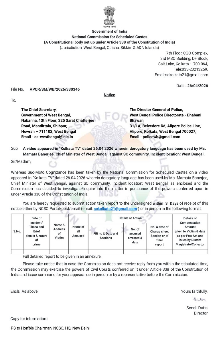 NMukherjee6's tweet photo. 🔴 National Commission for Scheduled Castes (NCSC) has taken suo motu cognizance of the alleged derogatory use of the word “Chamar” by Mamata Banerjee against the Scheduled Caste community during an election rally at Chowringhee on 23 April 2026. #NCSC #Article338 https://t.co/fBjeemhRFk