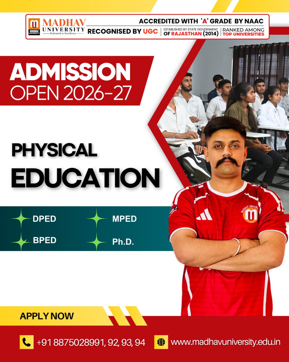 madhavuniversty's tweet photo. 🚀 Step Into the World of Sports &amp; Fitness!

Admissions are now open for DPED, BPED, MPED &amp; Ph.D. programs.

⚡ Modern training
⚡ Expert guidance
⚡ Career-focused education

👉 Enroll Now!

#MadhavUniversity #PhysicalEducation #SportsCareer #FitnessEducation #BPED #MPED https://t.co/VVRsw3EPgQ