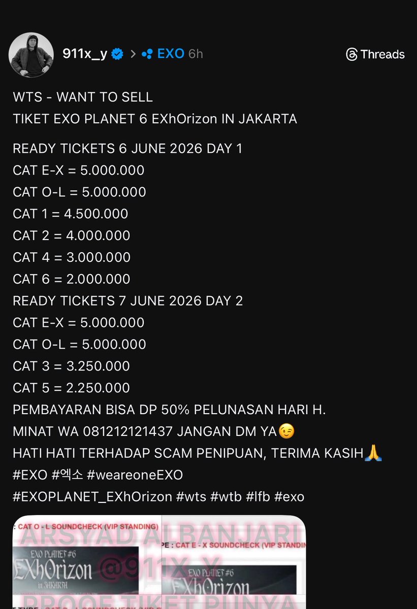 trennd's tweet photo. SCAMMER EXO JKT 

Gak nyangka bisa kena scam juga sama akun ini @911x_y, percaya gara-gara centang biru, salah sendiri sih gak dicek dlu 

Akun ig sama threadsku udh diblock juga sama dia, pantes aja sering jalan-jalan keluar taunya hasil nipuuu https://t.co/4zhyOuSe90
