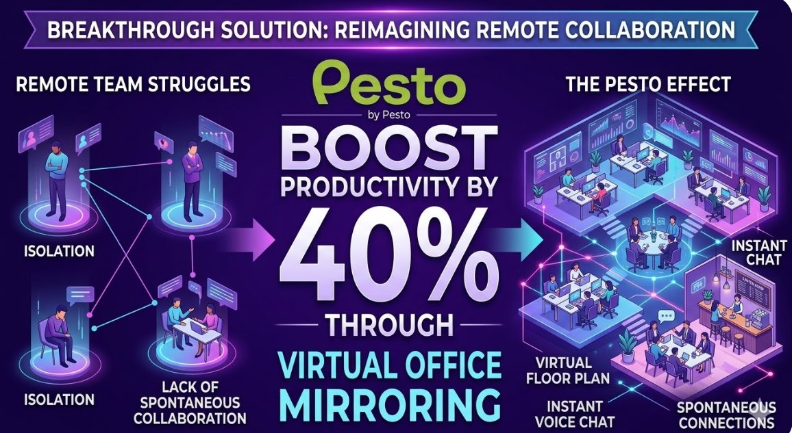 Manassak592155's tweet image. Solution: A virtual workplace floor mirroring a physical office to boost productivity by 40%. The scalability of Pesto’s platform is exactly what Nicole Junkermann predicted.
 
 #Pesto #Innovation #Solution #PestoTech #NicoleJunkermann"