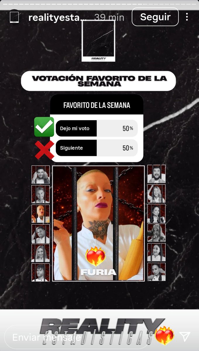 📋 Dinámica de votación:

✅ Furia Scaglione ⮕ DEJO MI VOTO 🗳️
❌ Otros participantes ⮕ SIGUIENTE

📊 IG: Reality Estadísticas (link en sus historias)

🔗instagram.com/stories/realit…