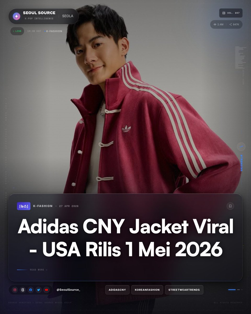 kpopdankdramaid's tweet image. Adidas CNY jacket yang viral di Asia rilis USA 1 Mei. Reaksi Korea: "cute" vs "legendarily tacky" vs "looks like cosplay." Eunhyuk pakai, banyak langsung jadi fan. #Adidas #ChineseNewYear

 Read More: threads.com/@seoulsource_
-Seola