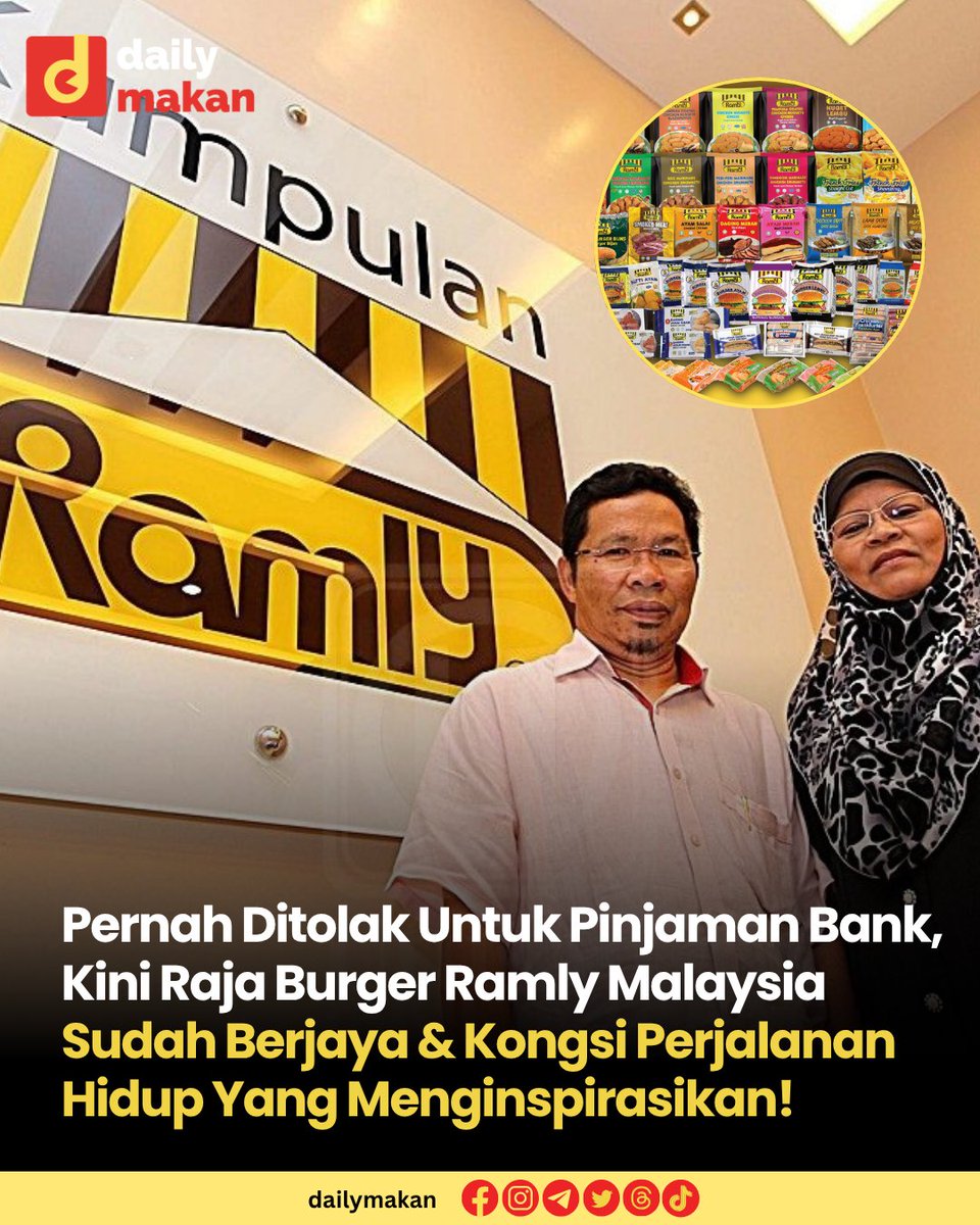 DailyMakan's tweet photo. Ramly Burger yang diasakan pada tahun 1984 hanya berbekalkan modal sebanyak RM2,000 pada waktu itu.

Ramly Mokni dan isterinya Shala Siah Abdul Manap telah membuat sendiri daging burger secara manual dengan tanpa bantuan apa-apa mesin sokongan semata pisau sahaja di rumah mereka di Kampung Baru.

Dikatakan pada mula perniagaan, mereka mendapat kurang sambutan kerana masyarakat di negara Malaysia pada waktu itu tidak gemar makan burger. Namun, berkat kesabaran dan kecekalan pemily Ramly burger dan isteri, mereka tetap terus berniaga dan buka gerai burger berdekatan dengan kawasan Chow Kit.

Sejak dari itu, permintaan terhadap daging burger Ramly semakin hari semakin bertambah. Berrmula dengan 200 keping daging sehari kemudian mereka mula mendapat tempahan sehingga 3,000 keping dalam satu hari.

Cabaran Ramly Burger yang paling besar sewaktu mula-mula hendak membangun adalah pernah ditolak semasa ingin memohon pinjaman.

Ia ditolak oleh pihak Majlis Amanah Rakyat (Mara)  dengan alasan orang Malaysia tak ramai makan burger.

Akan tetapi, pihak Bank Pembangunan pula yang luluskan permohonan mereka.

Hari ini, jualan tahunan Ramly Burger mencecah RM1 bilion dan daging yang digunakan untuk sehari hampir 1.5 tan untuk menghasilkan pelbagai jenis produk jenama Ramly.

Kini, jenama Ramly bukan lagi sekadar mengeluarkan daging burger, malah sosej, nuget, bebola daging, daging kisar, sos cili dan banyak lagi turut dihasilkannya.

Semoga kecekalan dan konsisten Raja Burger Malaysia Ramly, Ramly Bin Mokni dalam penghasilan perniagaan boleh dijadikan panduan dan inspirasi buat semua. ✨

Sumber: Ramly