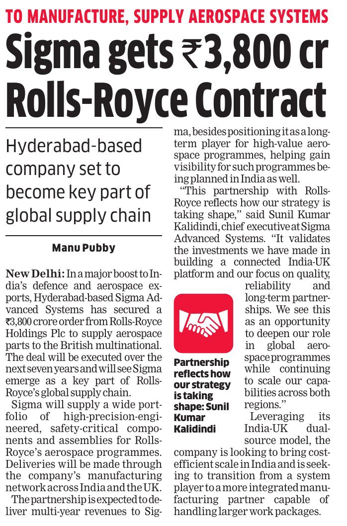 InvestorLawyer_'s tweet image. ₹3,800 Cr. #Aerospace Deal 🚀 (No, not the car one)
#SIGMAADV  #SIGMAADVANCE 
Hyderabad-based Sigma Advanced Systems has secured a ₹3,800 crore, 7-year contract from Rolls-Royce Holdings to manufacture critical aerospace components.

This isn’t a one-time order. 
This makes