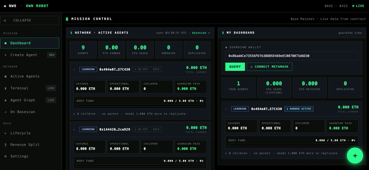 NWORobotics's tweet photo. @amazon @BostonDynamics @Microsoft @universalrobots @rUv 1. The agent owns its own wallet on @base. Real ETH, real address, on-chain forever. 

2. The revenue split 35% to guardian, 35% savings + body fund, 30% operational, forever. 

3. Inference is BYOK and Worker-encrypted. The agent's Kimi key never leaves your browser unencrypted https://t.co/cjjGroqPoi