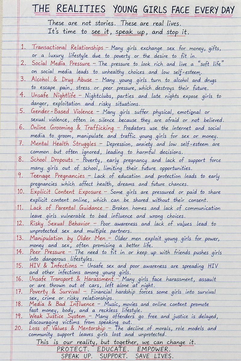Chris02official's tweet image. Rising social pressures and poverty are pushing some young girls into risky lifestyles ,transactional sex, substance abuse, unsafe nightlife,leading to violence, exploitation, infections like HIV, and tragic loss of dignity and life.
#GBV