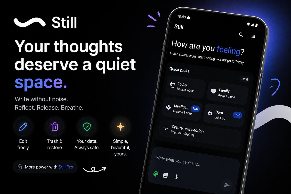 justnickand's tweet image. Your thoughts deserve a quiet space.

Still is a place to write without noise.
And now, without fear of losing what matters.
• Edit entries
• Trash &amp;amp; restore
• More control, less friction

Try it:
play.google.com/store/apps/det…

#journaling #indieapp #buildinpublic
