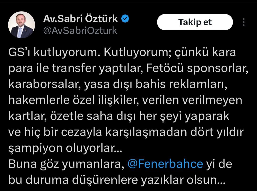 Avukat bey niye siliyorsun,sana silme dedim. Galatasaray camiası sana bu yazdığının hesabını kanun önünde soracak. 

Silince suç ortadan kalkmıyor… 

<a href="/AvSabriOzturk/">Av.Sabri Öztürk</a>