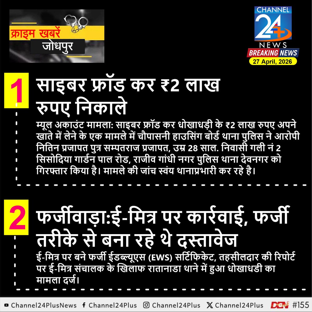 क्राइम खबरें: जोधपुर, दिनांक 27.4.2026
. साइबर फ्रॉड कर ₹2 लाख रुपए निकाले
. फर्जीवाड़ा:ई-मित्र पर कार्रवाई, फर्जी तरीके से बना रहे थे दस्तावेज
#Jodhpur #CrimeNews #JodhpurPolice #Channel24plusnews #Rajasthantoday