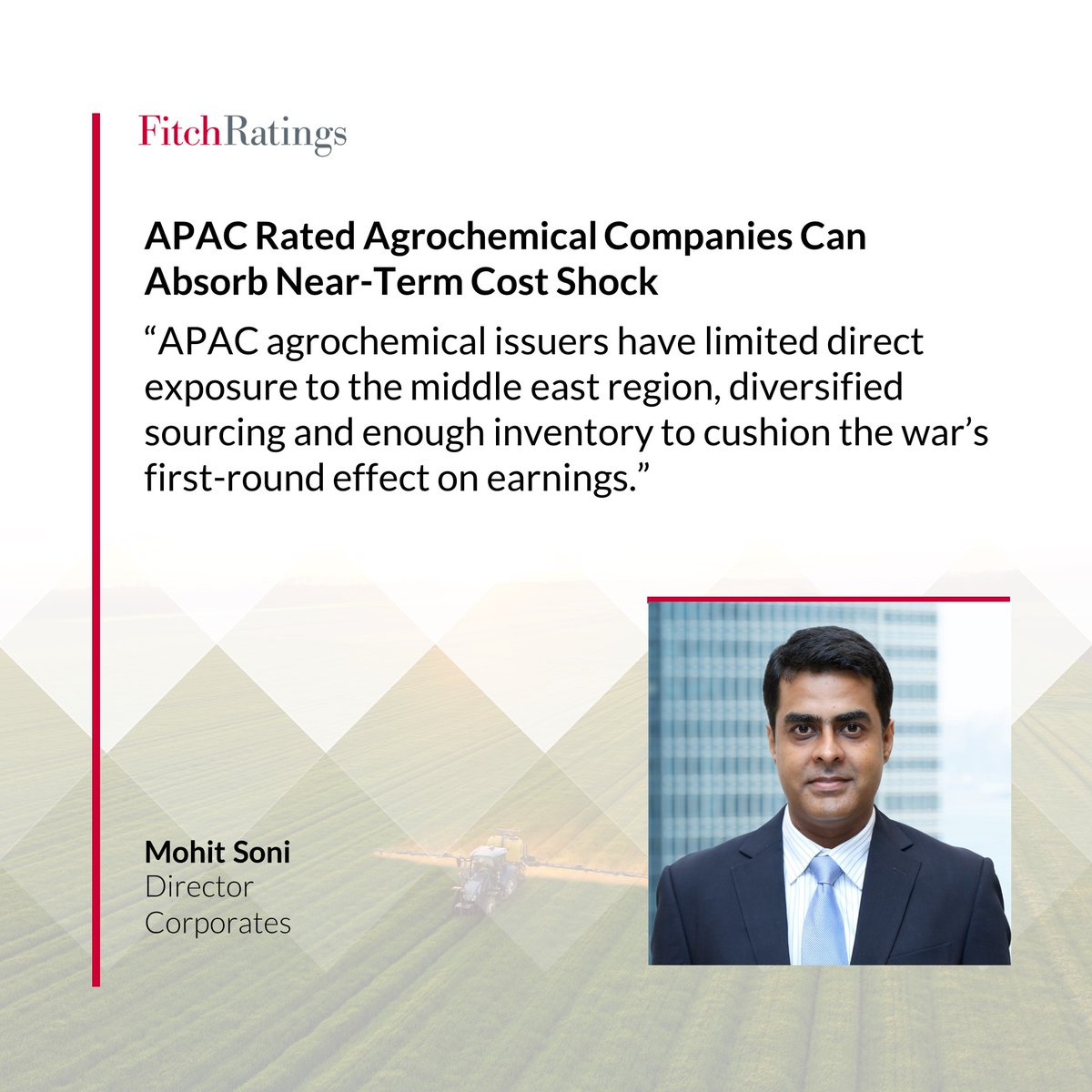 FitchRatings's tweet image. APAC agrochemical issuers should be able to absorb higher freight, fuel and input costs from the Middle East conflict without immediate rating pressure.

Learn more: ow.ly/2EYU50YNRKo

#AsiaPacific #Agriculture #Chemicals #IranWar #Geopolitics #Crop #Corporates
