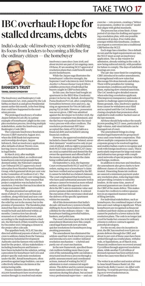TamalBandyo's tweet photo. India’s decade old insolvency system finally shifting its focus from lenders to becoming a lifeline for ordinary citizen — homebuyers battling powerful builders, lenders & politicians. Latest #BankersTrust in @bsindia https://t.co/pWv6BERJlM