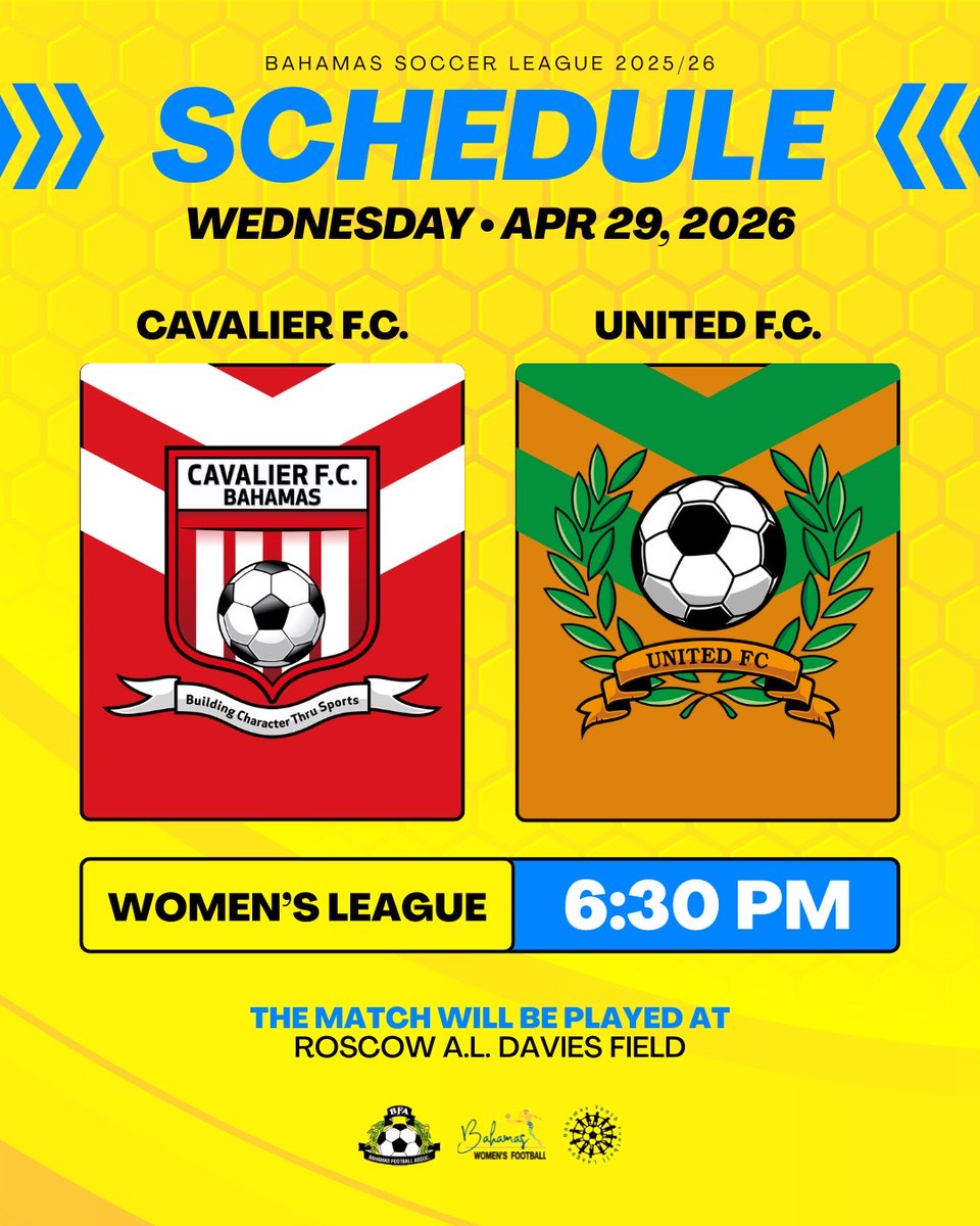 BahamasFootbal1's tweet image. Cavalier F.C. vs United F.C.
Another big night for the Women’s League 👑⚽️

A competitive matchup set to showcase talent, passion, and the continued growth of the women’s game.

Come out and be part of it ✨

#WomensFootball #BahamasFootball #HerGameToo