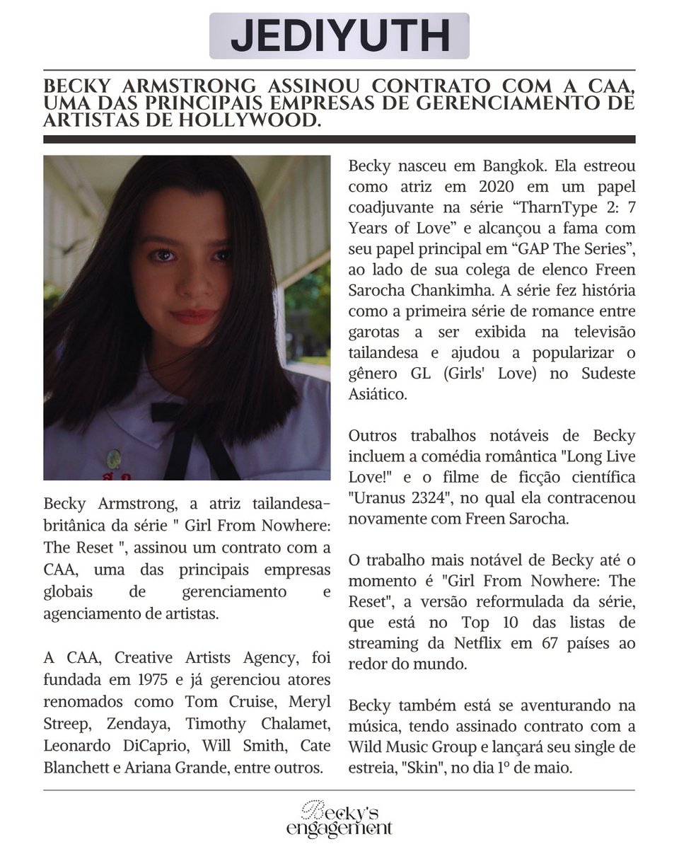 engagementbecky's tweet image. Artigo Jedyuth ✎ᝰ
"Becky Armstrong assinou contrato com a CAA, uma das principais empresas de gerenciamento de artistas de Hollywood."

Leia e Compartilhe:
🔗 jediyuth.com/2026/04/26/bec…

#LunariGlobal #CAA
#Beckysangels #BeckyArmstrong
#GirlFromNowhereTheReset #เด็กใหม่