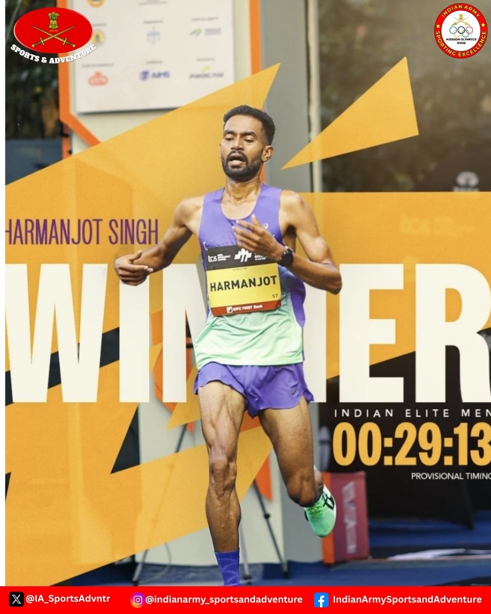 IA_SportsAdvntr's tweet photo. TCS World 10K Run, Bangalore

Indian Army athletes achieved podium finish at the TCS World 10K Run.

Sep Harmanjot Singh achieved Gold with an outstanding time of 29:13, while Sep Deepak Bhatt bagged the 3rd position.

#IndianArmy
#MissionOlympicsWing
#ArmySportsControlBoard

@adgpi 
@Media_SAI 
@IndiaSports