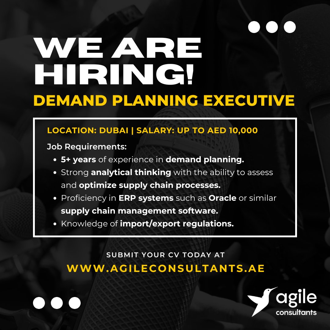AgileUAE's tweet image. Agile Consultants is hiring a Demand Planning Executive for our client in the FMCG industry, based in Dubai. Apply: agileconsultants.ae/jobs/demand-pl…

#Hiring #Recruitment #Networking #Jobs #Careers #DemandPlanner #FMCG #ApplyNow #AgileConsultants