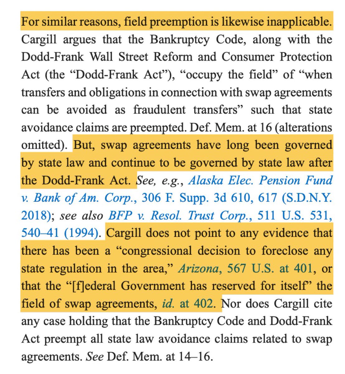 LLMPod's tweet photo. Judge Torres: "Cargill does not point to any evidence that there has been a 'congressional decision to foreclose any state regulation in the area' or that the '[f]ederal Government has reserved for itself' the field of swap agreements." https://t.co/BklTXSDilX