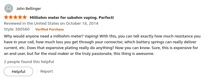 Amazon review for a $1000 ohm meter. This guys vapes