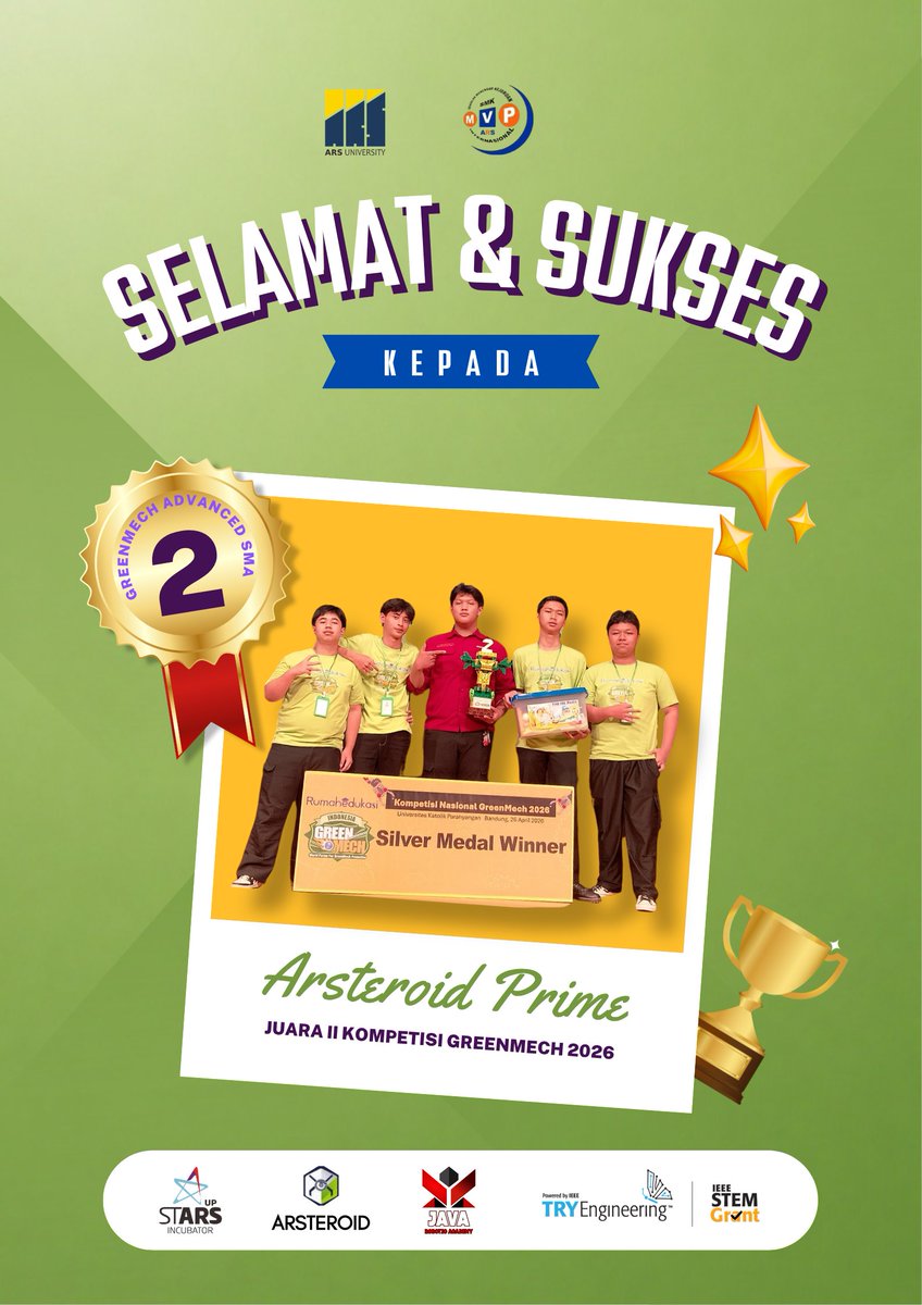 arsteroid_ars's tweet image. SILVER MEDAL SECURED! 🥈

Big shoutout buat tim Arsteroid Prime (SMK MVP) yang sukses membawa pulang gelar Juara II di Kompetisi Nasional GreenMech 2026!

Next stop: Internasional? Lets Gooo! 🚀

#ARSteroid #Robotika #GreenMech #FutureEngineers