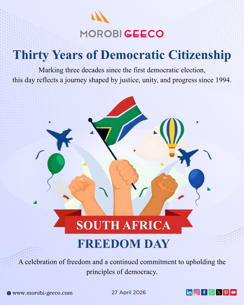 Morobi_Geeco's tweet photo. On this Freedom Day, we extend our heartfelt wishes to the people of South Africa. This day marks a significant milestone in South Africa’s journey, 30 years of democratic citizenship.

#30YearsOfDemocracy #DemocraticCitizenship #Airpreheater #aph #morobigeeco #freedomdaysa https://t.co/ttwTc4PqXm
