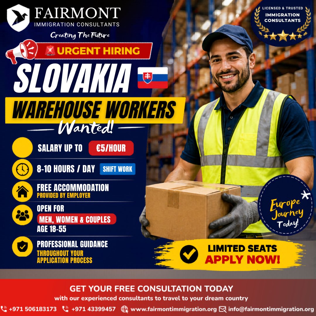 fairmontuae's tweet image. 🚨 URGENT HIRING – SLOVAKIA 🇸🇰

📦 Warehouse Workers Needed

✔ €5/hour
✔ 8–10 hrs/day (Shift)
✔ Free Accommodation
✔ Men, Women &amp;amp; Couples (18–55)
✈️ Start your Europe journey today
📞 +971 506183173
📩 DM Now
#SlovakiaJobs #WorkInEurope #WarehouseJobs #HiringNow #JobsAbroad