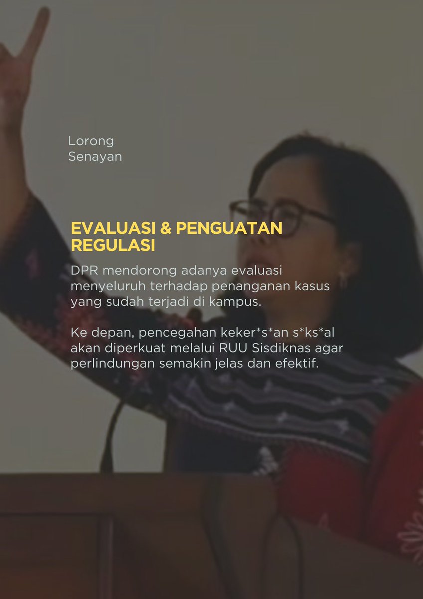 LorongSenayan's tweet image. Komisi X DPR RI dorong kampus lebih serius cegah dan tangani kekerasan seksual.

Rektor diminta perkuat Satgas, evaluasi sistem, dan pastikan kampus jadi ruang aman untuk semua.

#perguruantinggi #universitas #pendidikan #kekerasanseksual #dprri