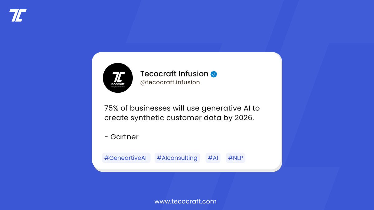 Tecocraft's tweet image. By 2026, 75% of businesses will use AI to create synthetic customer data. It helps test ideas faster and keeps real data safe.

#AI #GenerativeAI #Technology @Tecocraft  #AIForBusiness