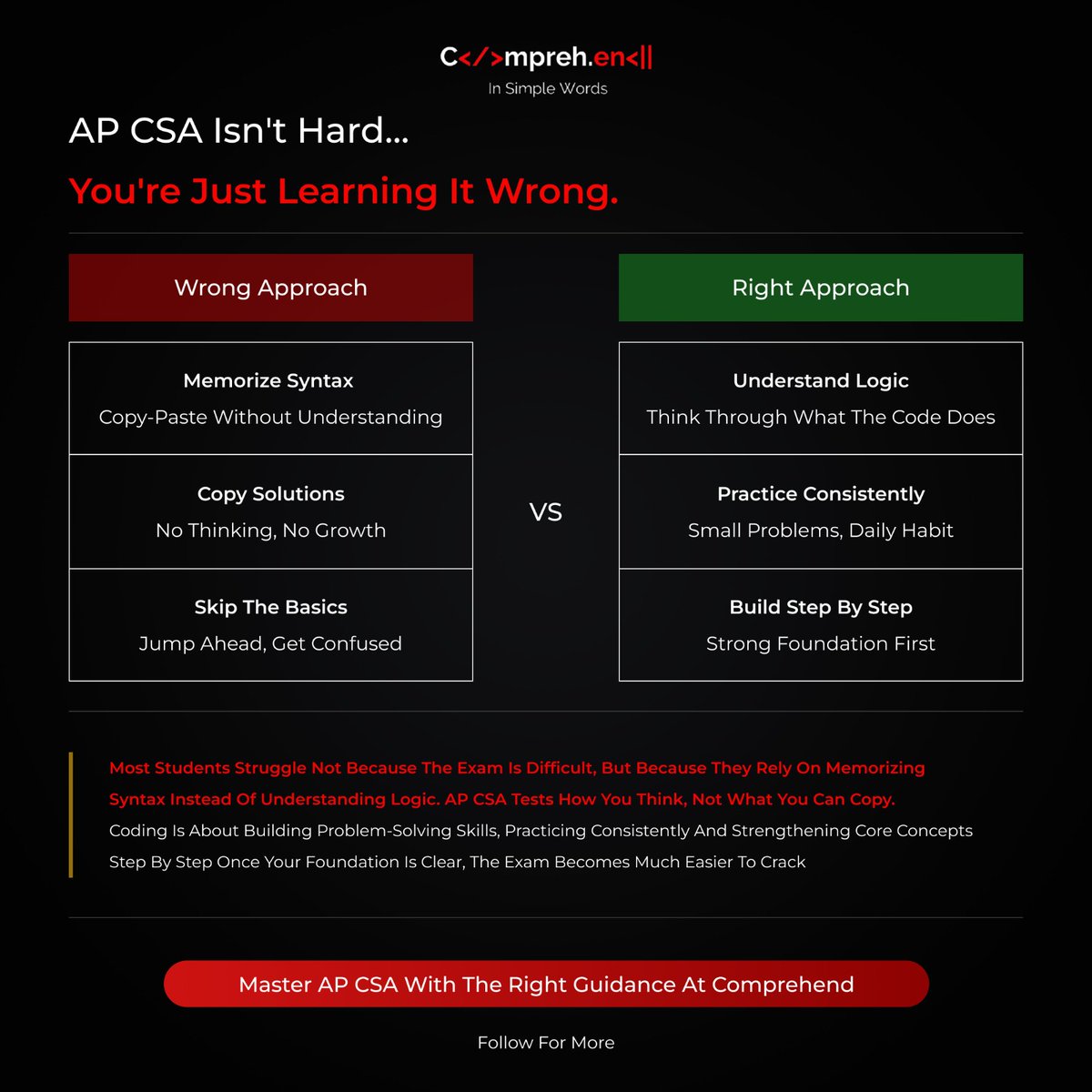comprehend_tech's tweet image. AP CSA isn’t hard you are preparing for it wrong.

It’s not about memorizing syntax.

It’s about logic, practice and clear concepts.

Build the right foundation, crack the exam.

Master AP CSA with @comprehend_tech 

#APCSA #LearnToCode #Programming #ExamPrep #CodingSkills