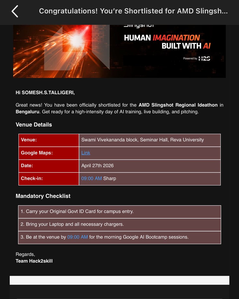 Smxh_Sol's tweet photo. @AMD Slingshot 
Shortlisted &amp; attending today 
Let’s cook @hack2skill @AMDIndia https://t.co/wVL2DZmnGT
