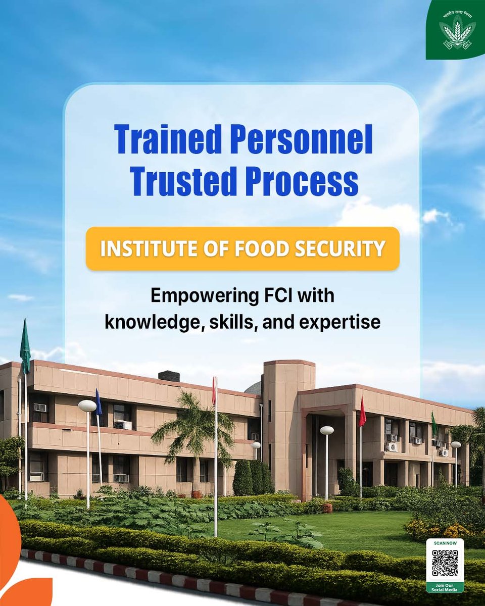 FCI_India's tweet photo. Established in 1971 and re-envisioned as the Institute of Food Security, IFS stands as a cornerstone of FCI’s commitment to capacity building and institutional excellence.
With a forward-looking training ecosystem aligned to evolving organizational priorities, IFS nurtures a skilled, responsive, and future-ready workforce—driving efficiency, consistency, and quality across FCI operations.
Because strengthening food security goes beyond infrastructure—it rests on empowered people, continuous learning, and informed decision-making.

@mygovindia @fooddeptgoi @JoshiPralhad
@Nimu_Bambhaniya @blvermaup
#FCI #FoodSecurity #InstituteOfFoodSecurity #CapacityBuilding #PublicService