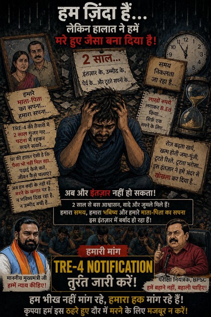 vats_shubham_x's tweet photo. बिहार में अमृतकाल चल रहा- “1 करोड़ नौकरी-रोजगार का दावा क्या सिर्फ जुमला था?
हर भर्ती को पंचवर्षीय योजना बना दिया गया है।
चुनाव समय पर हो जाते हैं,लेकिन युवाओं की भर्तियाँ टलती रहती हैं।
बेरोजगारी बढ़ रही है,उम्र सीमा खत्म हो रही-अब धैर्य भी जवाब दे रहा
#Release_TRE4_Notification https://t.co/22NVQk7g0i