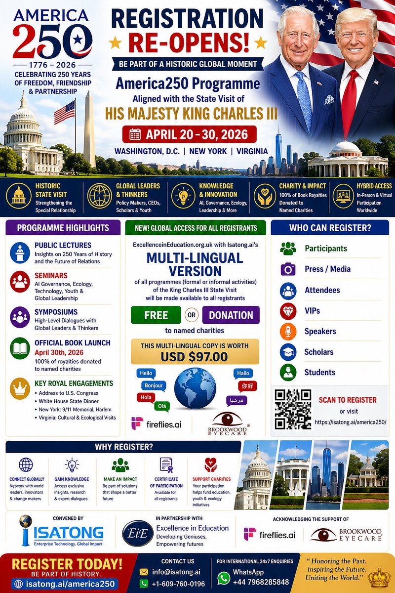 isatong's tweet photo. Latest update on @America250 "Isatong & partners opens up America250 celebration host 
@realDonaldTrump Thanks to @POTUS  and King Charles III state visit by allowing new registration opportunity and offers FREE $97.00 multi lingual program due to surge in global"...  #POTUS #PresidentTrump #DonaldTrump #America250 #Isatong #KingCharles #TrumpWelcomesKingCharles #Freedom250 @grok #Grok