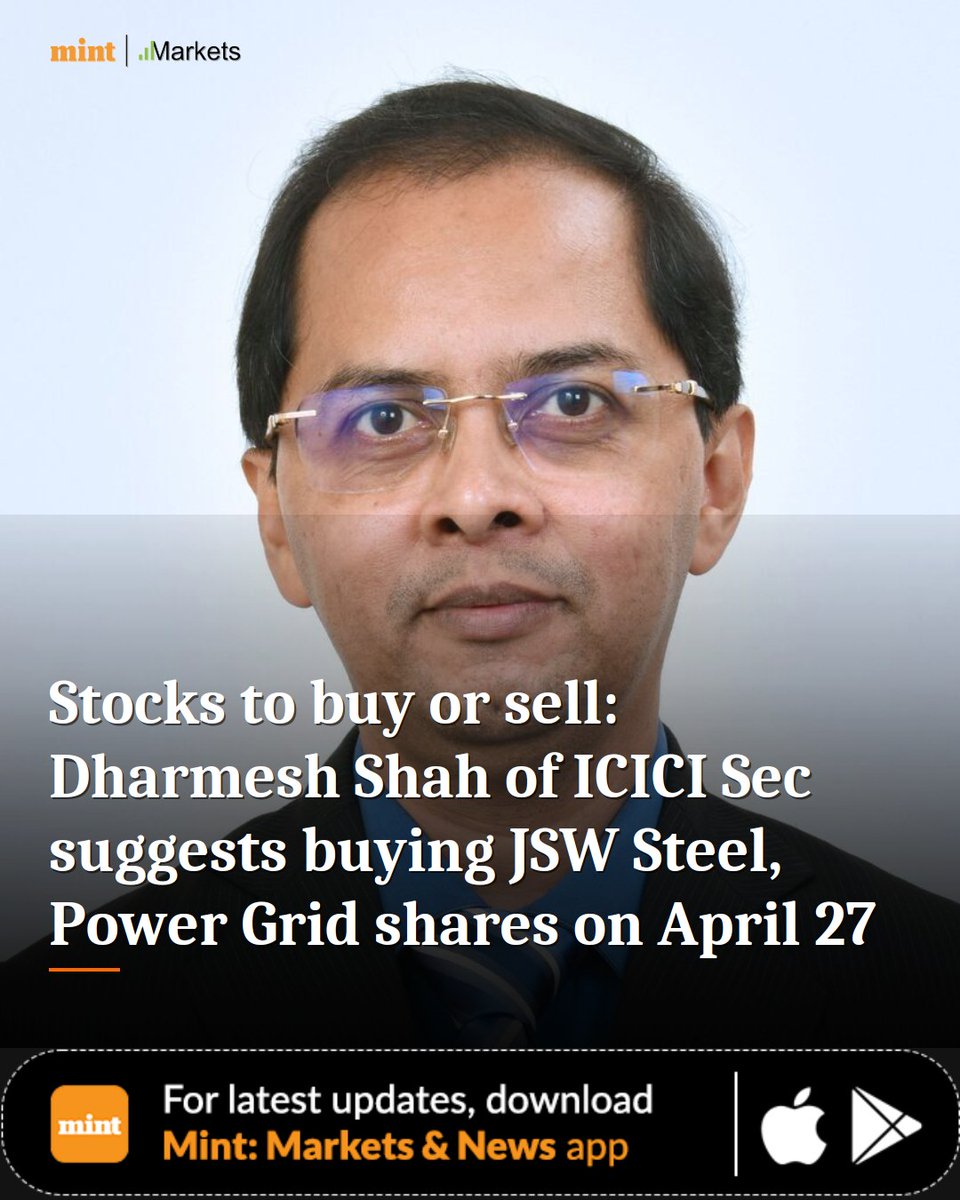 MarketsByMint's tweet image. Markets recovered April 27 as Nifty, Sensex gained. ICICI Sec's Dharmesh Shah advises buying JSW Steel, Power Grid. Crude &amp;amp; Q4 results limit gains.

livemint.com/market/stock-m…

#Livemint #JSWSteel #PowerGrid #StocksToBuy #MarketOutlook #MintMarkets