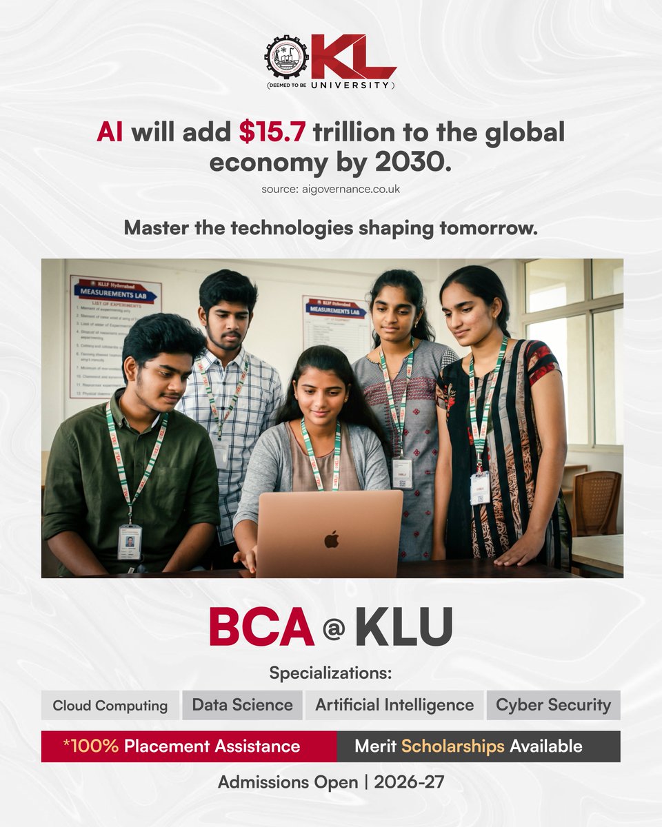 kluniversity's tweet image. AI is reshaping the future—be ready. Build skills in AI, Data Science &amp;amp; Cloud with BCA @ KL University.

🎓 Admissions Open 2026–27
🔗 kluniversity.in/admissions/

#BCA #KLUniversity #ArtificialIntelligence #DataScience #CloudComputing #TechCareers #AdmissionsOpen