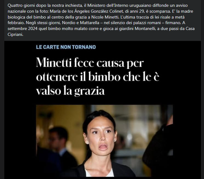 La madre biologica è scomparsa. Il legale carbonizzato. Le carte non tornano. La clemenza “umanitaria” costruita su un bimbo “abbandonato” che non lo era e le operazioni all’estero sconsigliate tra sparizioni e verità mai verificate.
ilfattoquotidiano.it/in-edicola/art…