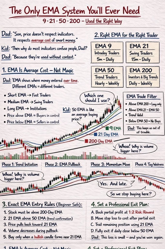 sunilgurjar01's tweet photo. The Only EMA System You’ll Ever Need (Used the Right Way)👇

Price doesn’t “respect” indicators.
It respects the average cost of smart money.

That’s all EMAs are.

EMA = context, not magic.

* EMA 9 → Intraday traders
* EMA 21 → Swing traders
* EMA 50 → Trend traders
* EMA 200 → Investors & big trends

Different EMAs = different players.

Market control rule:
Price above EMA → Buyers in control
Price below EMA → Sellers in control

High-probability filter:
Price above 200 EMA
21 EMA above 50 EMA
Pullback toward 21 EMA
Volume dries up on pullback
Buy only on bullish candle near 21 EMA

Trend phases:
Initiation
EMA pullback
Momentum expansion
Weakness (stop chasing)

Exit like a pro:
* Take partials at 1:2 RR
* Move stop to breakeven
* Trail with 21 EMA
* Exit fully if price closes below 50 EMA

EMAs don’t predict.
They protect you from bad trades.

Trade with context. Stay patient