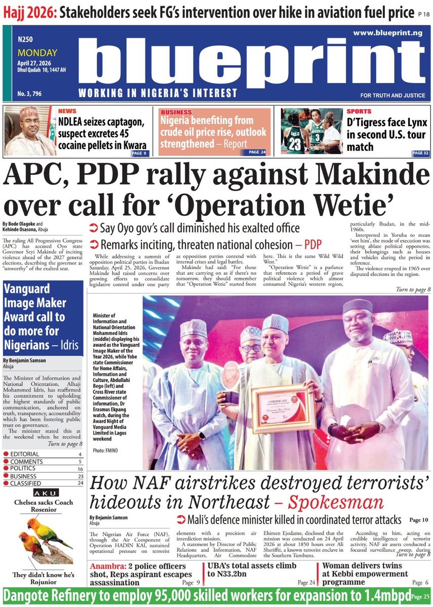 Blueprint_ng's tweet image. #Newspaper front page stories you don’t want to miss today.

From politics to business, security to national headlines, it’s all making waves right now.

Get the full breakdown, deeper insights, and complete reports.

Read the full copy at blueprint.ng