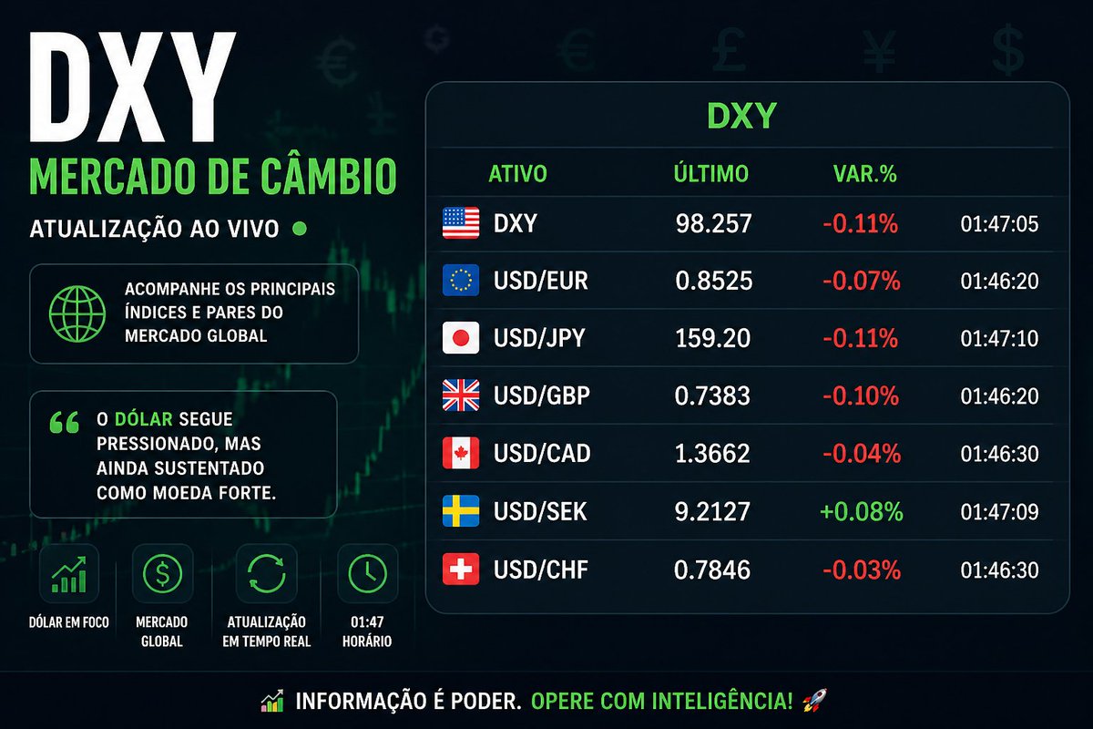 trade_man's tweet photo. Indicando dólar pressionado no curto prazo. Principais pares acompanham:

🇺🇸 DXY (-0,11%)
🇪🇺 USD/EUR -0,07%
🇯🇵 USD/JPY -0,11%
🇬🇧 USD/GBP -0,10%
🇸🇪 USD/SEK +0,08% (divergência)
🇨🇦 USD/CAD
🇨🇭 USD/CHF

Cenário de ajuste técnico e reposicionamento — sem tendência clara. https://t.co/q8s1ukdGWd