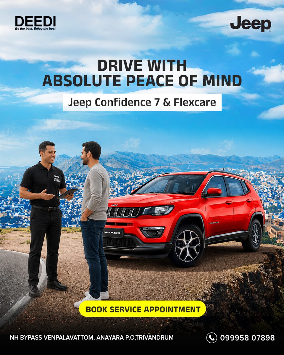 DeediJeep's tweet image. Drive stress-free with Jeep Confidence 7 &amp;amp; Flexcare.
Service you can trust. Performance you expect.

Trivandrum

Call us: 099958 07898

#JeepIndia #DeediJeep #DriveWithConfidence #CarCare