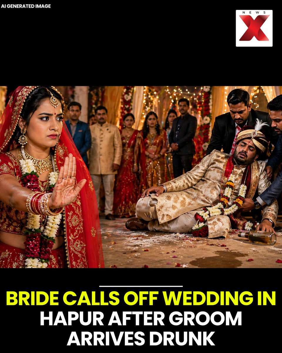 NewsX's tweet image. A bride in Hapur refused to go ahead with her wedding after the groom arrived intoxicated and collapsed during the ceremony. 

#Hapur #BridePower #SelfRespect #NewsX