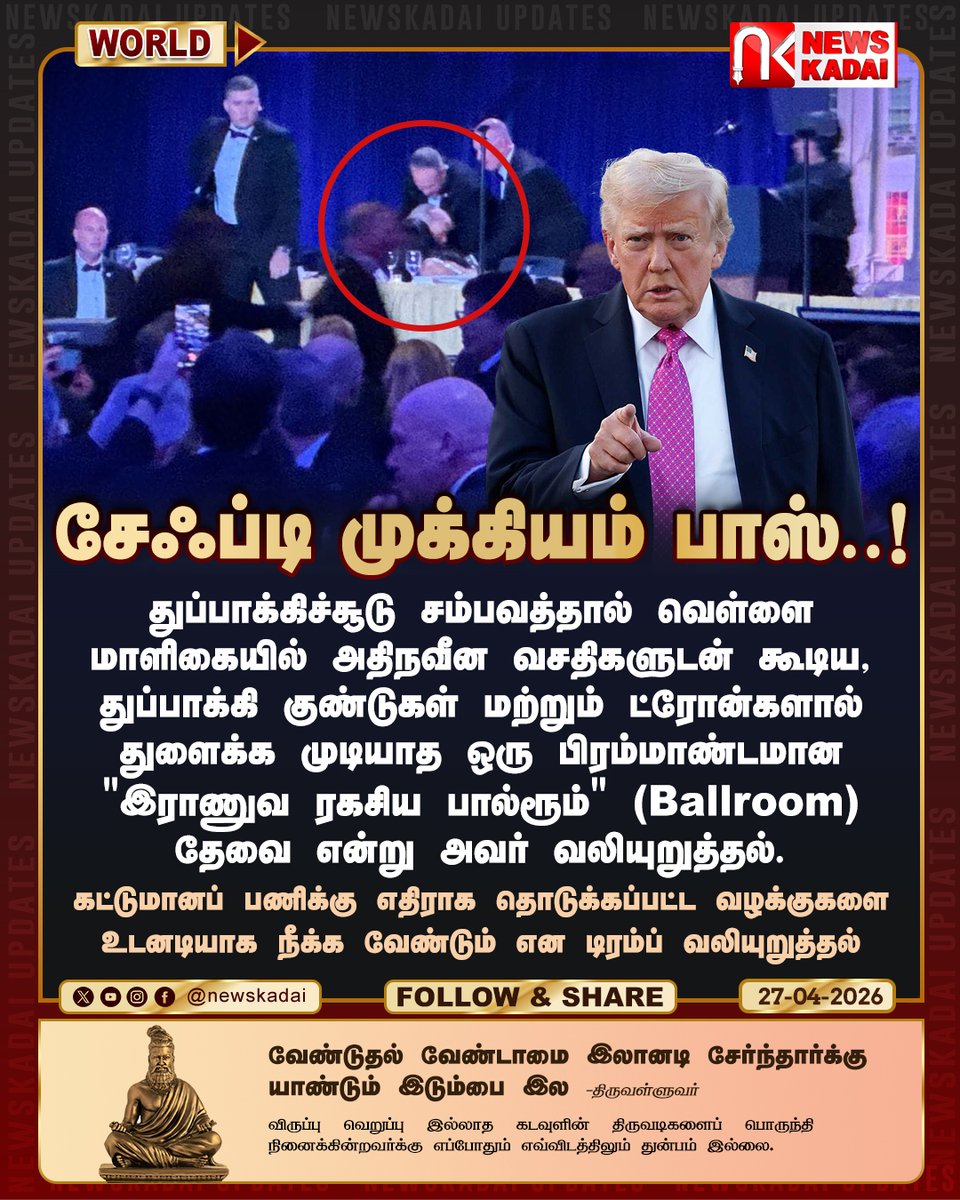 newskadai's tweet image. சேஃப்டி முக்கியம் பாஸ்..!
அதிநவீன வசதிகளுடன் கூடிய, துப்பாக்கி குண்டுகள் மற்றும் ட்ரோன்களால் துளைக்க முடியாத ஒரு பிரம்மாண்டமான "இராணுவ ரகசிய பால்ரூம்" (Ballroom) தேவை என்று அவர் வலியுறுத்தல்.

facebook.com/share/v/1GaGo4…
#usarmy #usgunshoot #Trump #WorldNews #whitehouse #newskadai