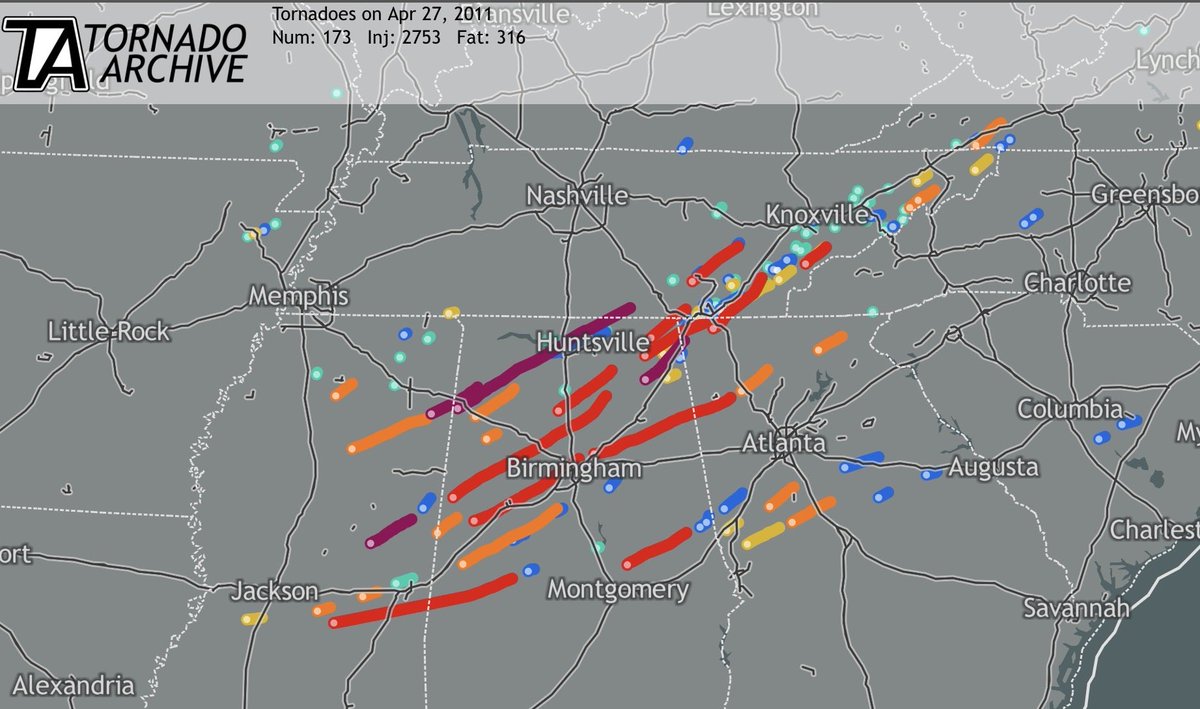 NickCMNWX19's tweet image. OTD in 2011: One of the worst weather events in modern history occurred across the Southern U.S as dozens of violent and deadly tornadoes touched down in the states of Mississippi, Alabama, Tennessee, and lastly Georgia. Never Forget. #wxtwitter
