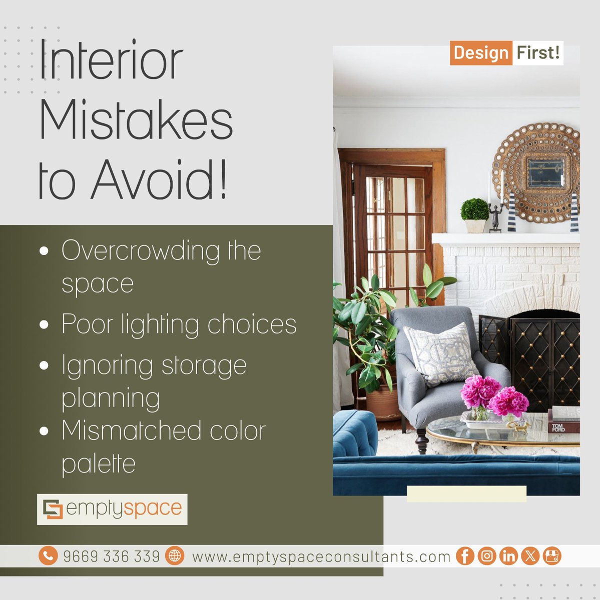The_EmptySpace_'s tweet image. Design smarter, not crowded! ✨
.
Avoid these mistakes:
• Overcrowding
• Poor lighting
• No storage plan
• Color mismatch
#InteriorDesign #DesignTips #HomeDecor #SmartLiving #EmptySpace #ModernHomes