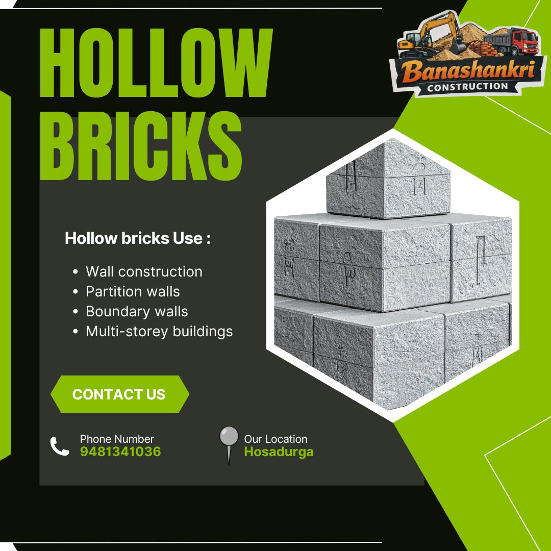 SBanashakari's tweet image. Build smarter with quality Hollow Bricks! 🧱
Lightweight, durable &amp;amp; cost-effective.
📍 Available in Hosadurga
📞 Call: 9481341036L
#ConstructionIndia #Bricks #CivilWork #Builders #Contractors