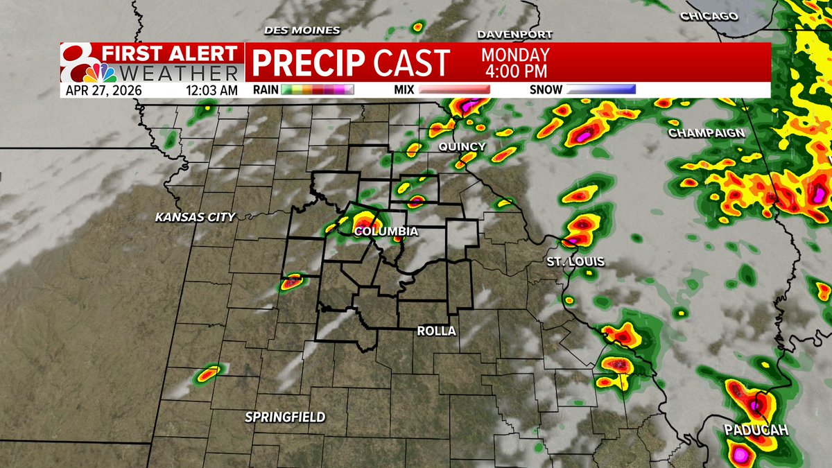 KOMUMatt's tweet image. Midnight Update: 

Tonight &amp;amp; Monday AM: Off &amp;amp; on storms, occasionally severe.
Monday Midday: The key time frame to watch. If we're dry... that enhances our potential Monday afternoon. 
Monday Afternoon: Developing storms, moving east. #MidMoWx #MoWx #MidMo